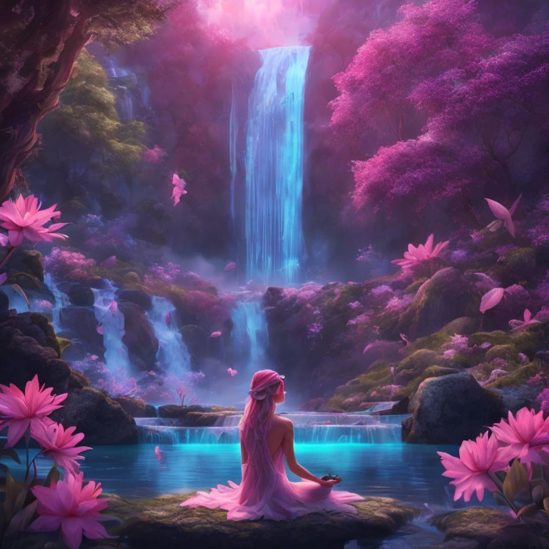 Woman in Pink Dress by Magical Waterfall and Pink Flora