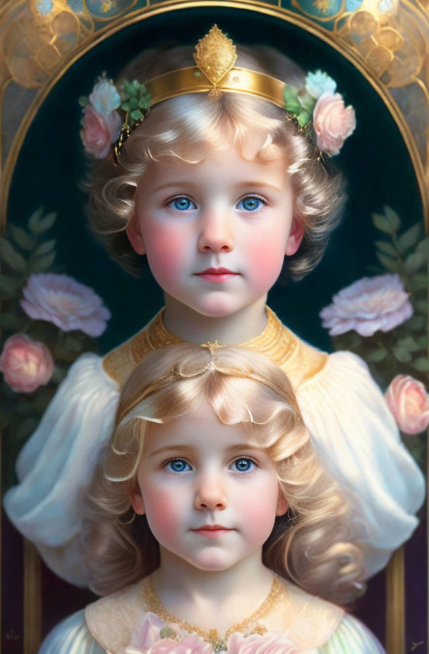 Portrait of Two Children with Blue Eyes and Curly Blonde Hair, Wearing Gold Headpieces, Sur