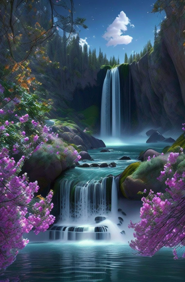 Tranquil waterfall surrounded by lush greenery and pink blooms