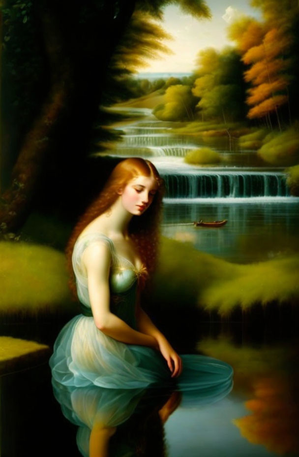 Woman with Red Hair in Blue Dress by Cascading Waterfall and Autumn Trees