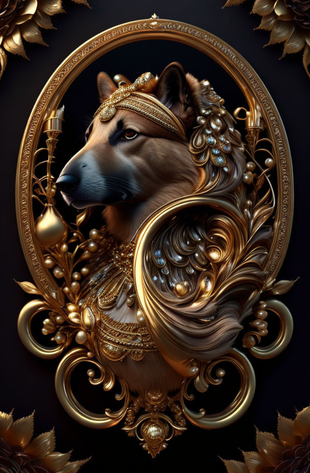 Regal dog portrait with golden headpiece in baroque-style frame