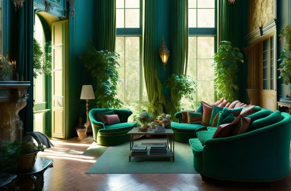 Green-themed living room with plush sofas, large windows, indoor plants, and antique-style decor