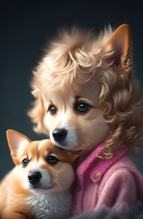 Digital artwork: Young girl's face merged with dog features next to a Corgi on dark backdrop