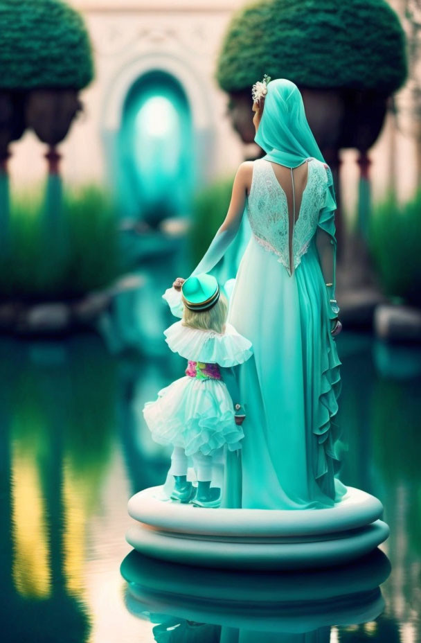 Elegantly dressed woman and child in blue gown by serene water