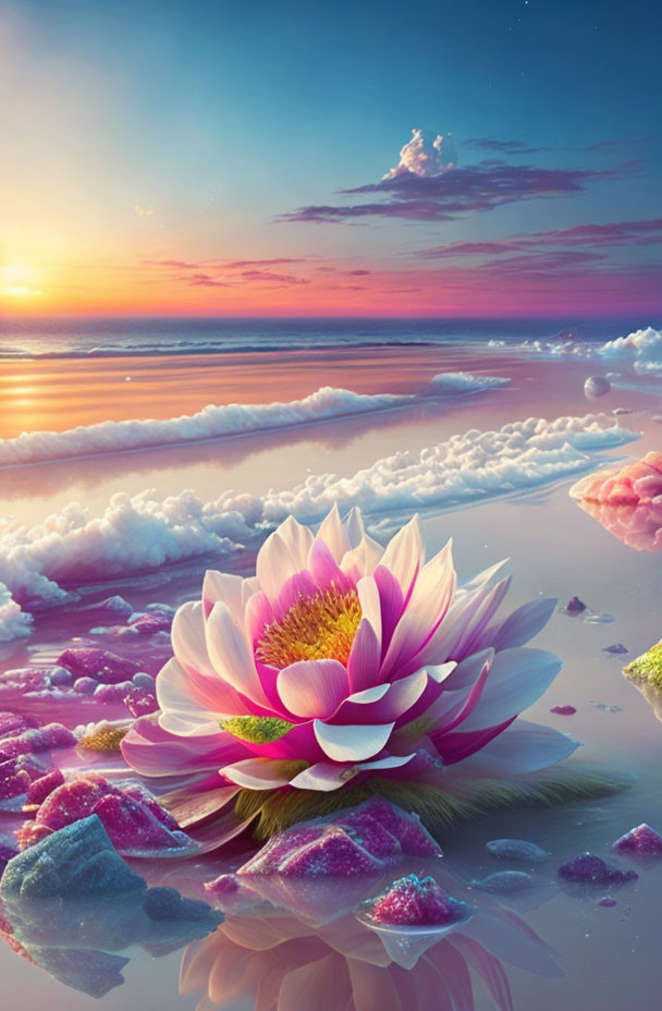 Surreal lotus flower on tranquil water with colorful clouds and vibrant sunset