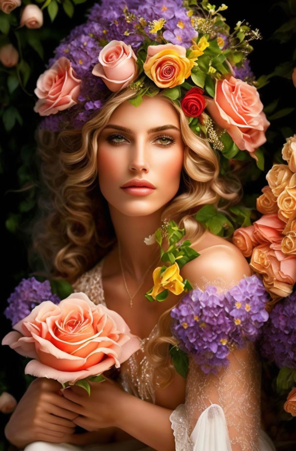 Woman with floral crown and rose, surrounded by lush flowers