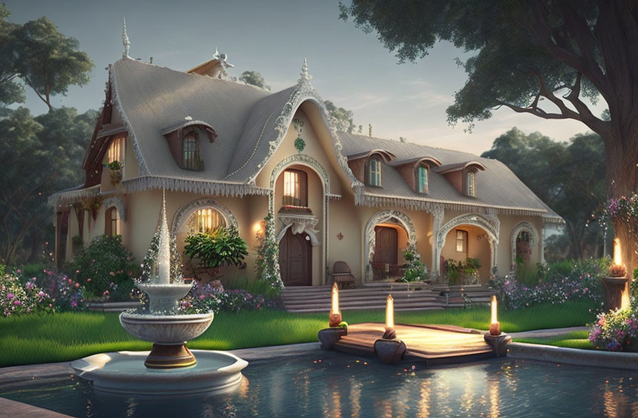 Whimsical cottage at twilight with tranquil pond & lush greenery