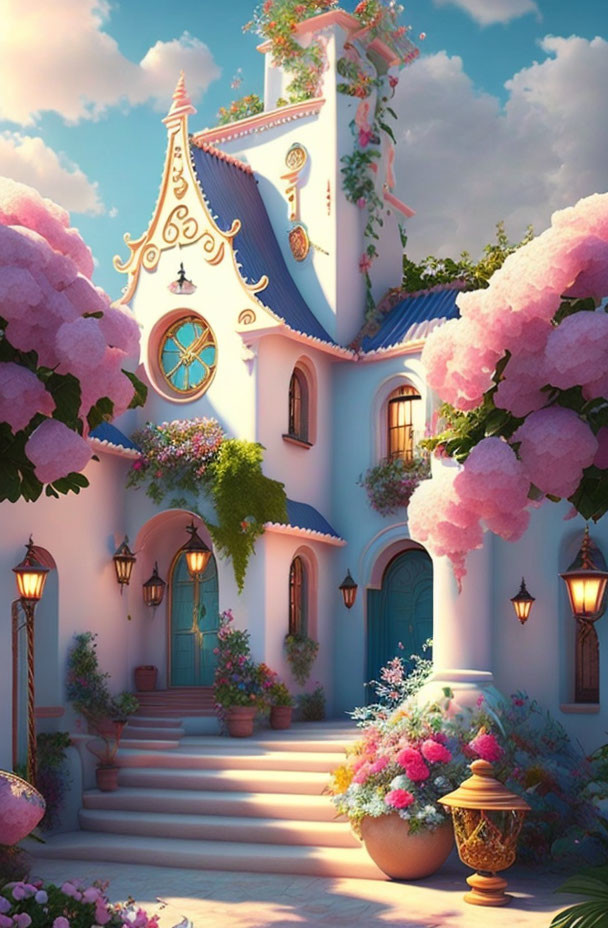 Whimsical fairytale cottage surrounded by pink flowering trees