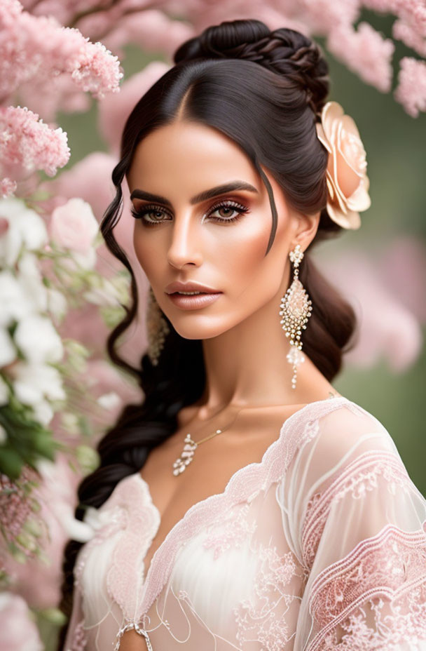 Styled woman in white dress against floral backdrop