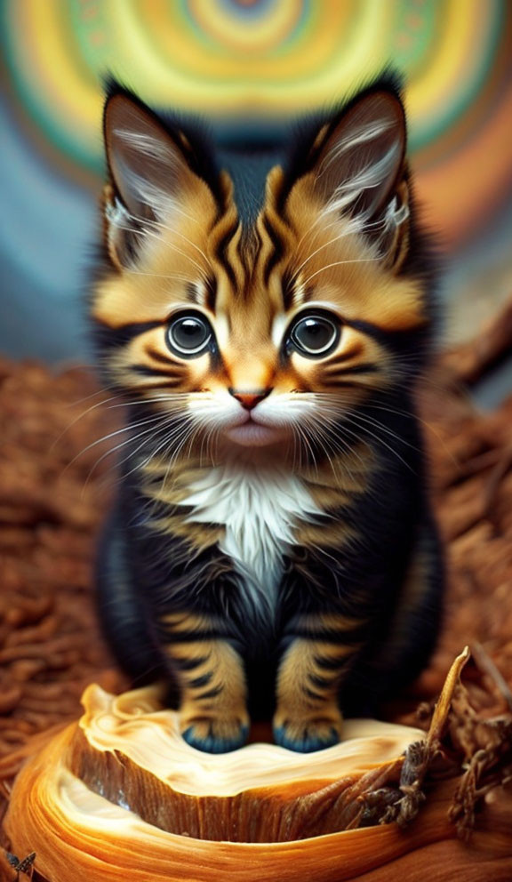 Adorable kitten with tiger-like stripes on wooden base & colorful swirls