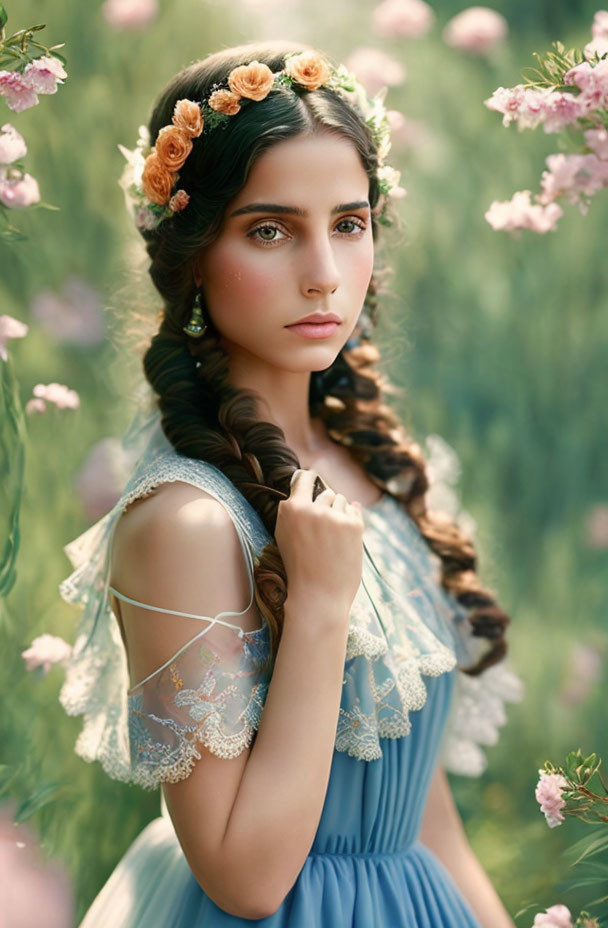 Woman with Braided Hair in Blue Dress Surrounded by Flowers