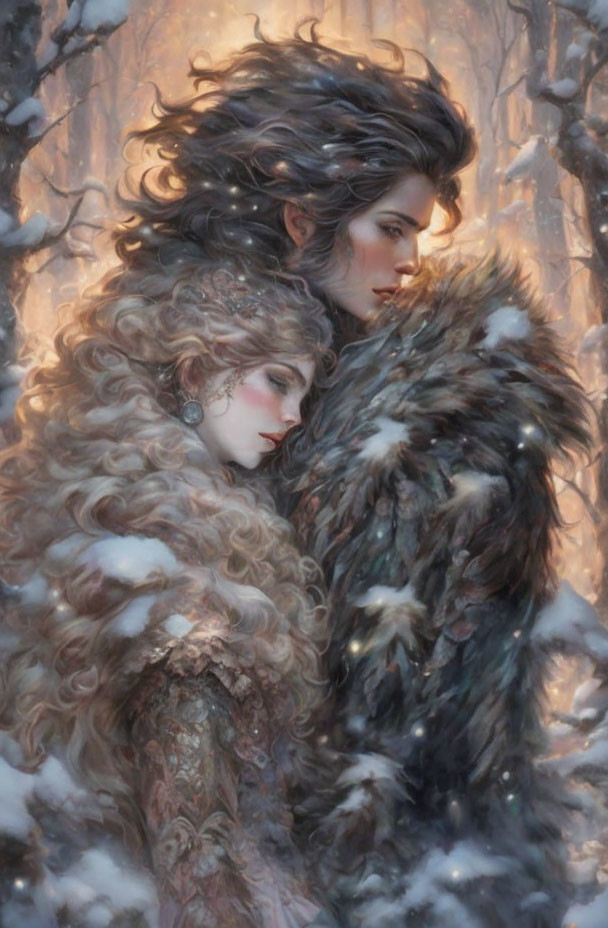 Women embracing in snowy forest wearing fur garments