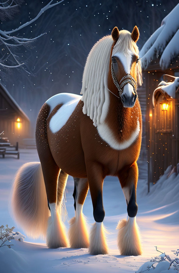 Brown and White Horse in Snowy Night Landscape