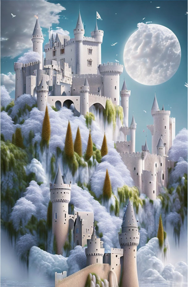 Fantasy castle with towers, waterfalls, and moonlit sky in lush setting.