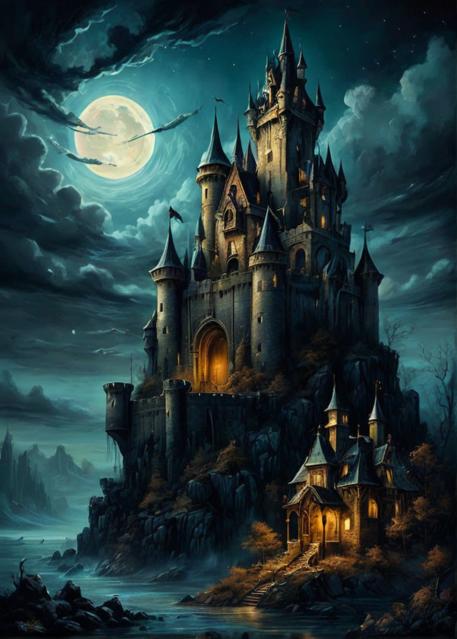 Castle with multiple towers on cliff under moonlit sky & shooting star, ocean below