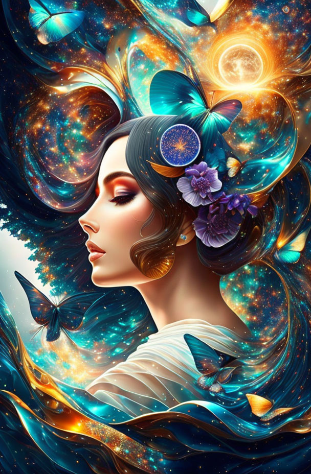 Fantastical portrait of a woman with butterflies and flowers in cosmic setting