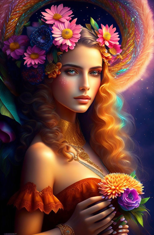 Digital artwork: Woman with flowing hair and vibrant flowers, gold necklace, holding blossom on dark background