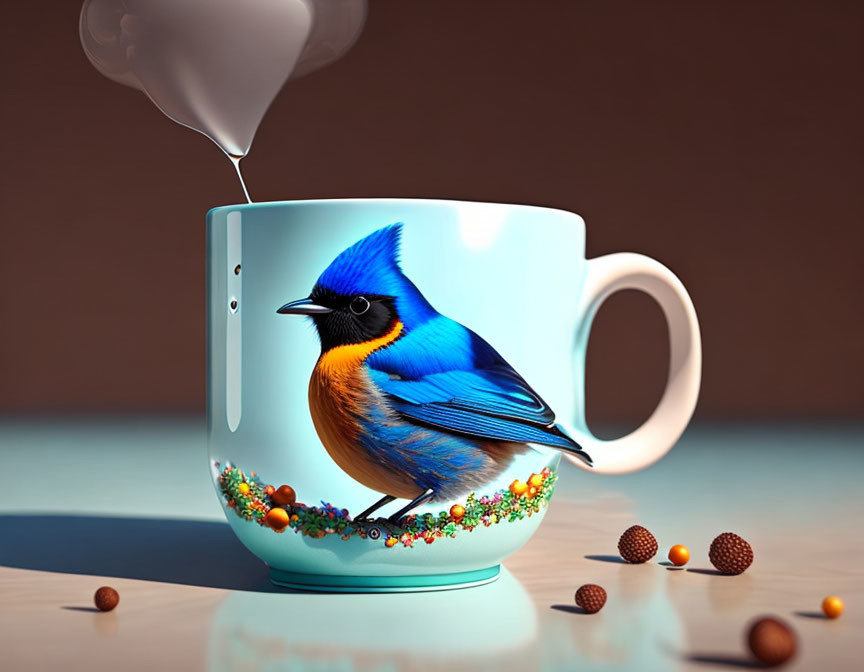 Colorful Bird on Teal Coffee Cup with Heart-Shaped Steam and Beans