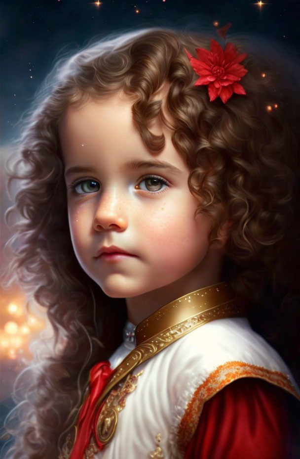 Portrait of a child with curly hair and blue eyes in red and white outfit with a flower against star