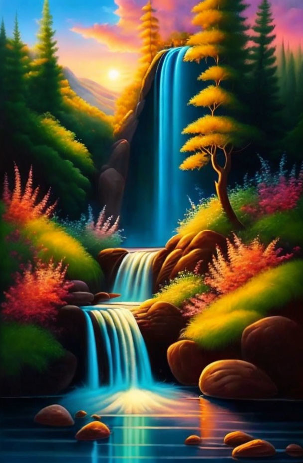 Scenic painting of waterfall, river, foliage, and sunset