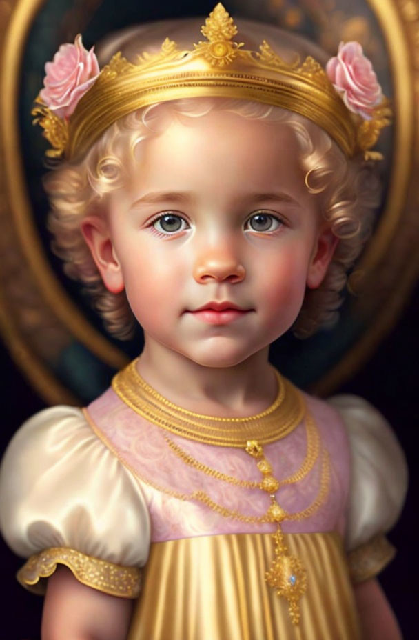 Portrait of young child with curly hair, golden headband, pink roses, yellow and pink dress.