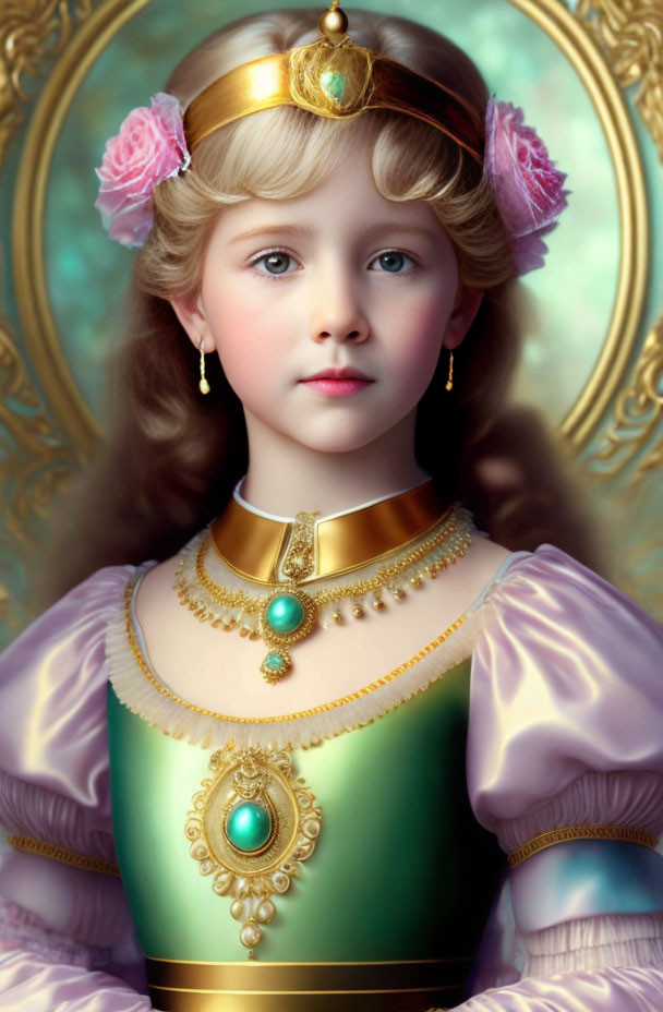 Young Girl in Regal Costume with Gold Tiara and Turquoise Necklace