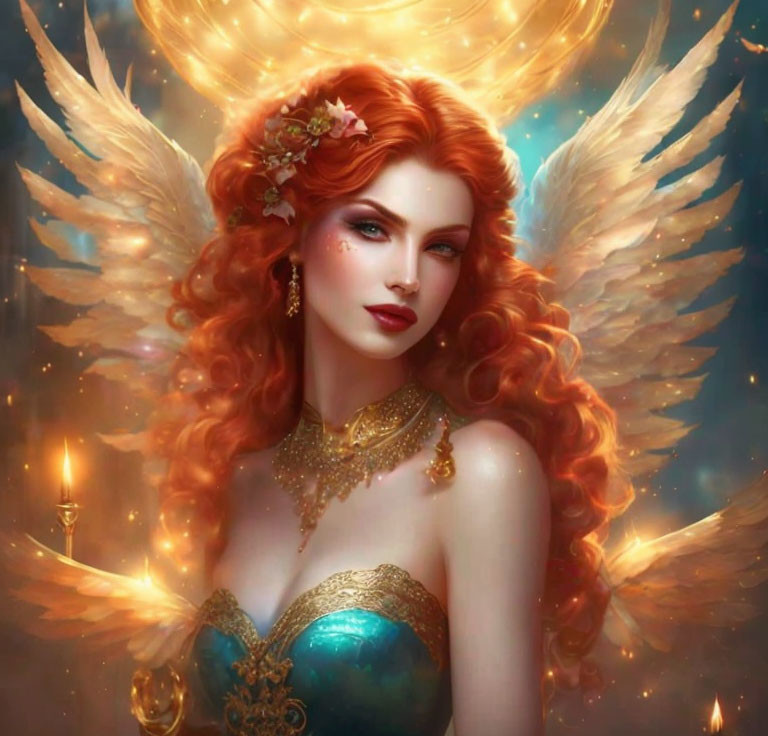 Red-Haired Angelic Figure with Wings Surrounded by Flowers and Jewelry