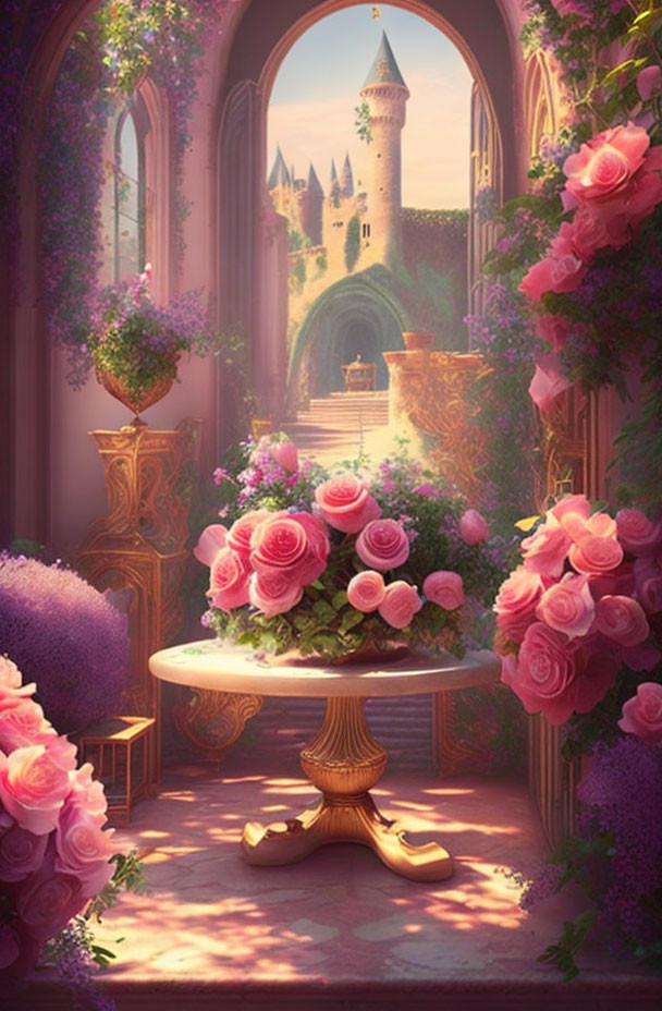 Whimsical archway with pink roses and fairytale castle scene