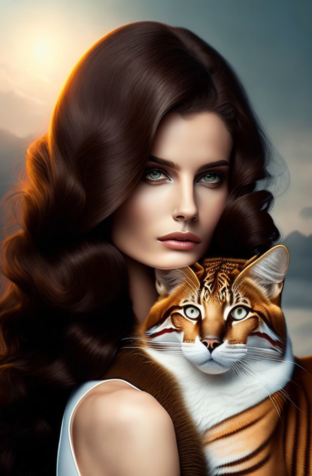 Woman with Brown Hair Holding Orange Tabby Cat under Cloudy Sky