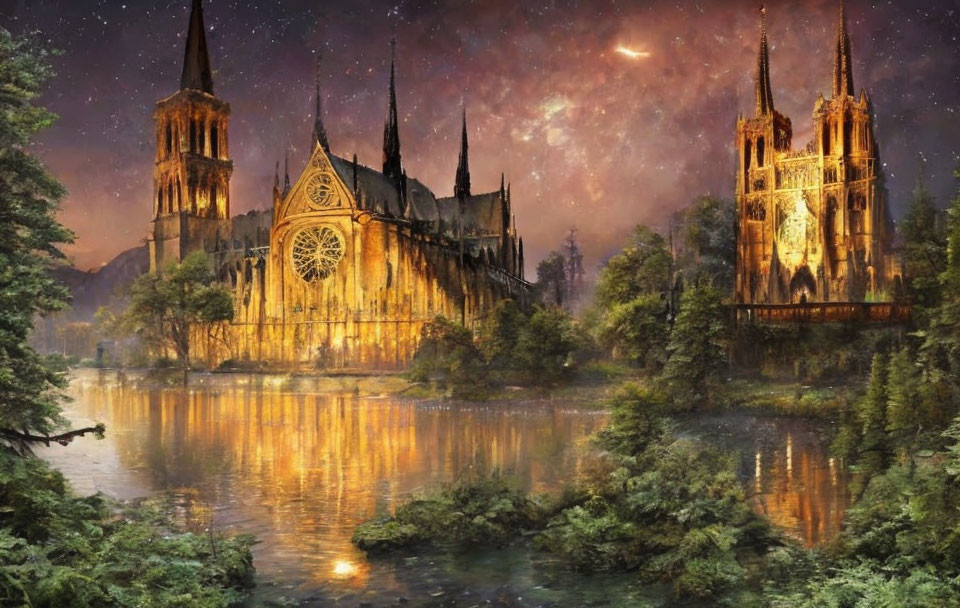 Ethereal digital artwork: Gothic cathedral by river, reflection in water, mystic forest, twilight