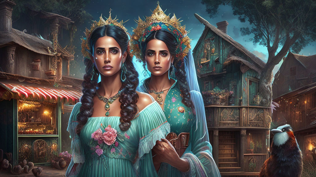 Two Women in Turquoise Dresses with Elaborate Hairstyles in Mystical Forest Setting