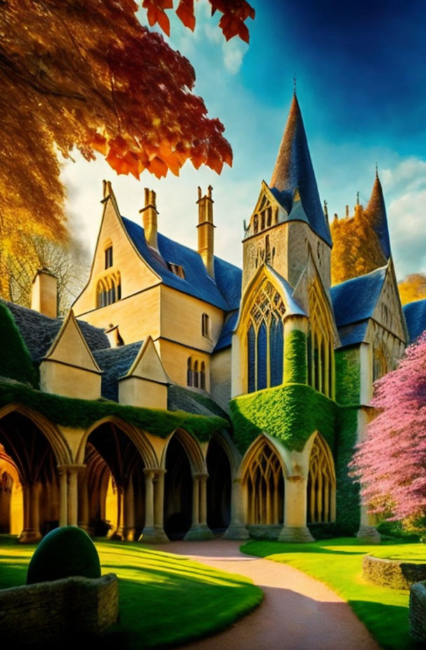 Gothic-style building with lush gardens in autumn hues