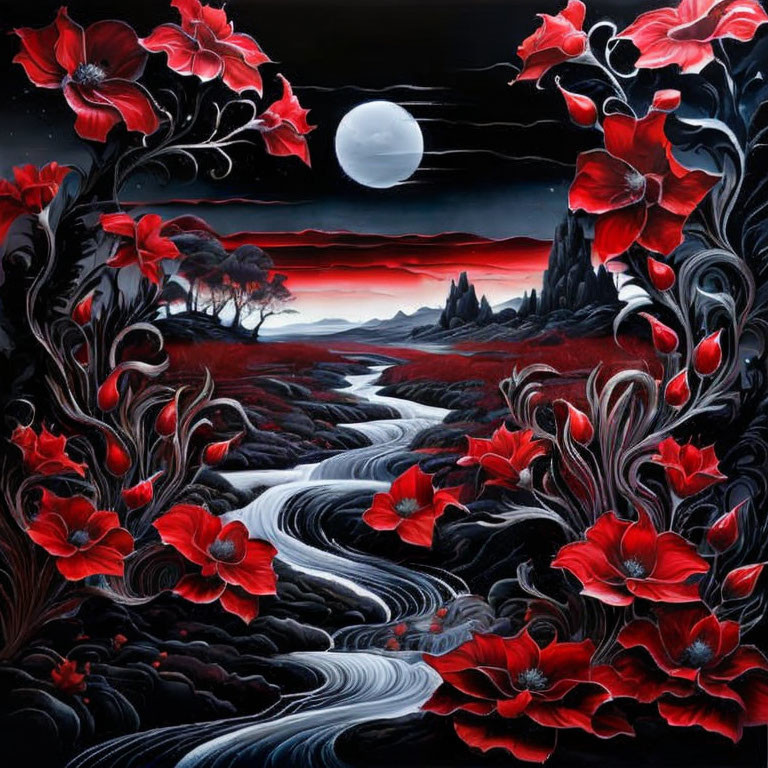 Surreal artwork: river, monochrome landscape, red flowers, full moon