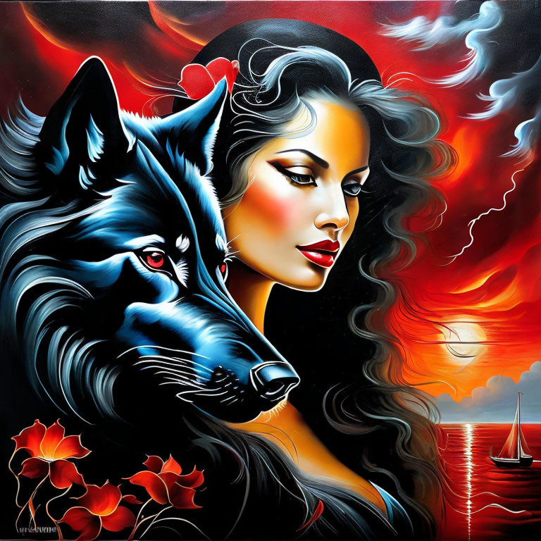 Colorful painting: Woman with dark hair and red lipstick with black wolf, fiery sunset, sailboat