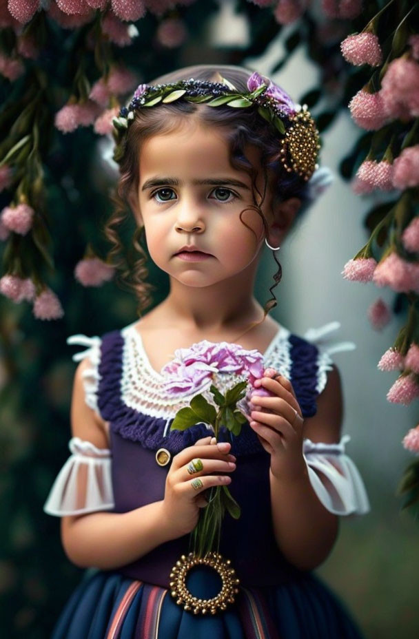 Young girl with floral headband and pink flower in thoughtful pose among blossoms