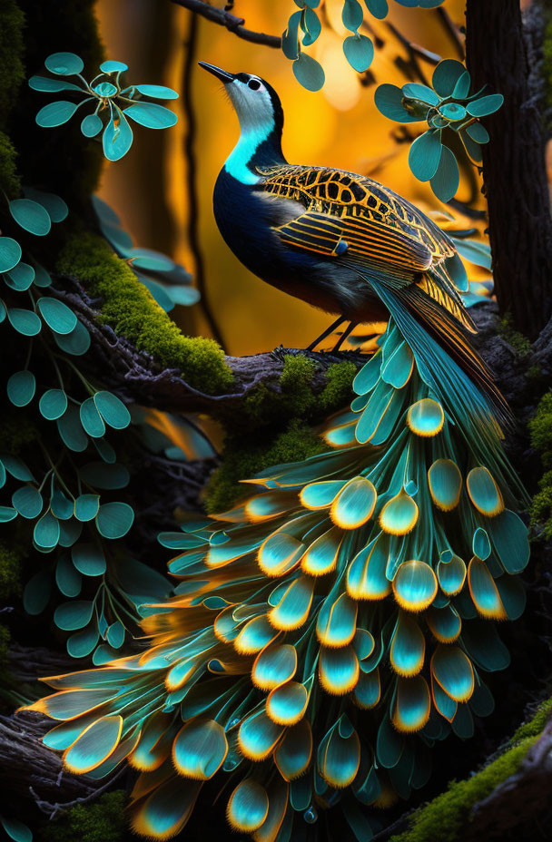 Colorful fantasy bird with teal and gold plumage perched on mossy branches in golden light.