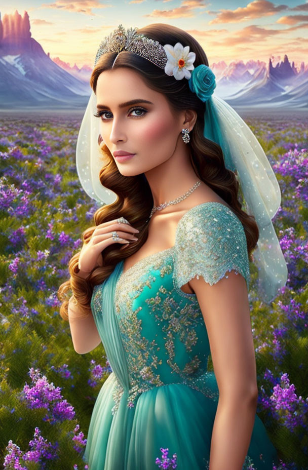 Woman in Blue Gown with Tiara Surrounded by Purple Flowers