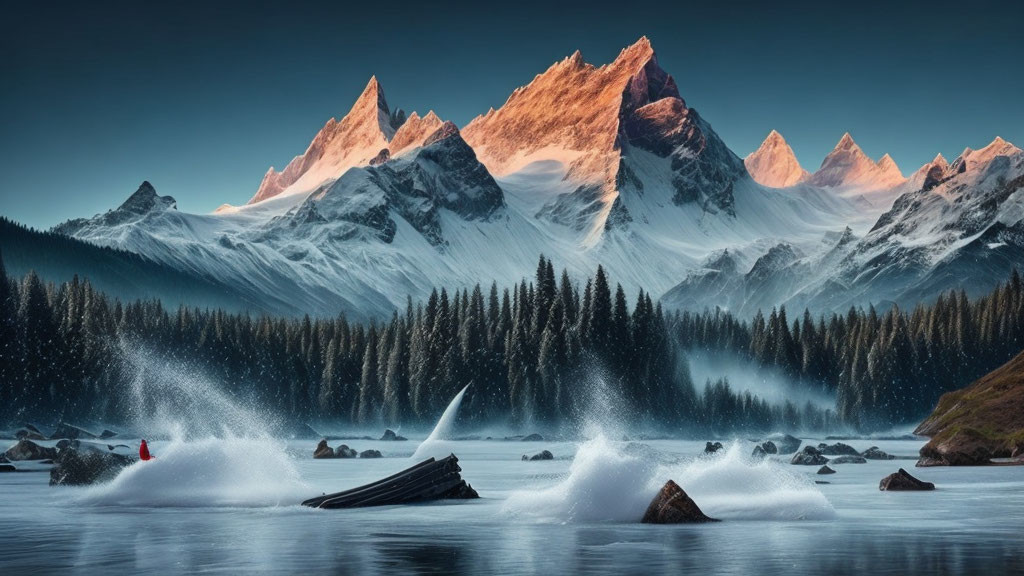 Snowy mountain landscape at sunset with forest, lake, and breaching whales