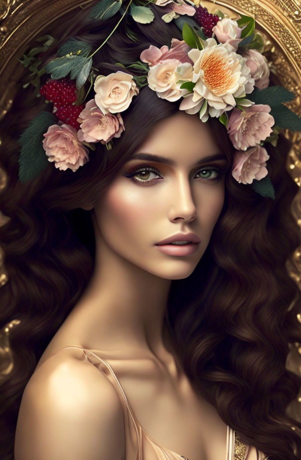 Woman with Floral Wreath in Wavy Hair and Green Eyes