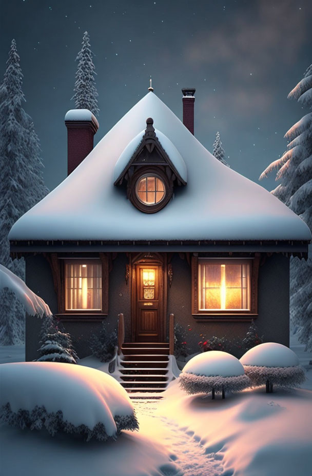 Snow-covered house with lit windows in twilight snowscape