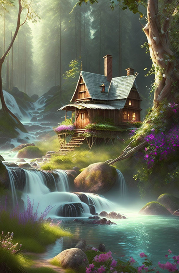 Wooden House Over Waterfall in Sunlit Forest with Purple Flowers