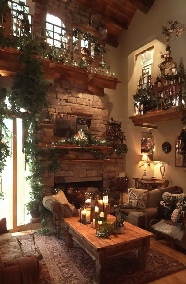 Inviting living room with stone fireplace, greenery, candles, wooden furniture, warm lighting