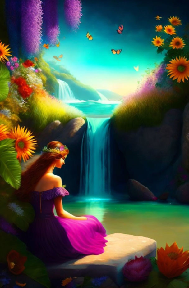 Girl in Purple Dress by Waterfall Surrounded by Flowers and Butterflies