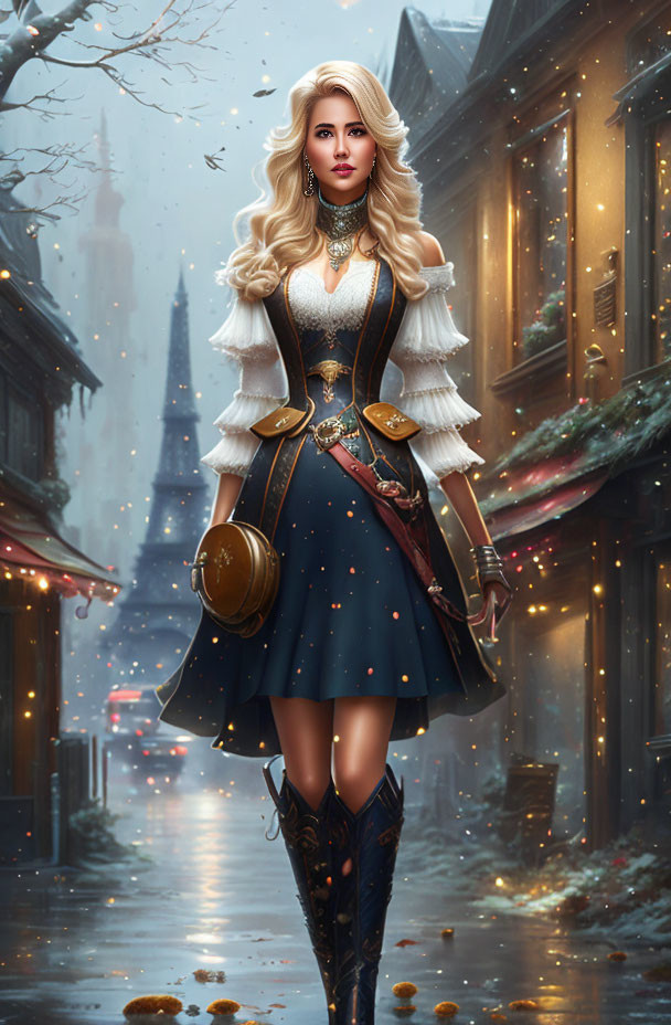 Fantasy female character in medieval outfit with sword on snow-covered street