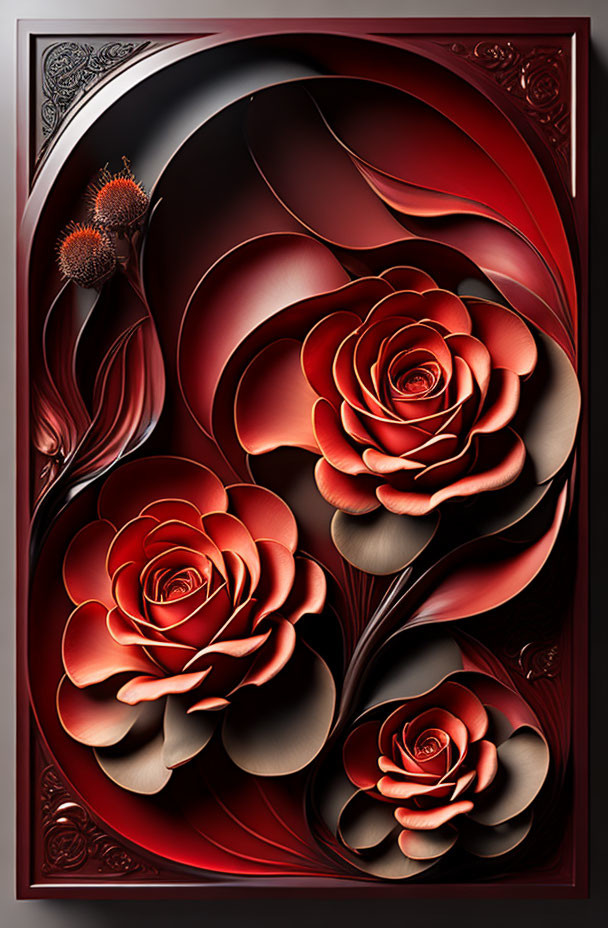 Stylistic red roses with dark and light contours in glossy effect framed elegantly.