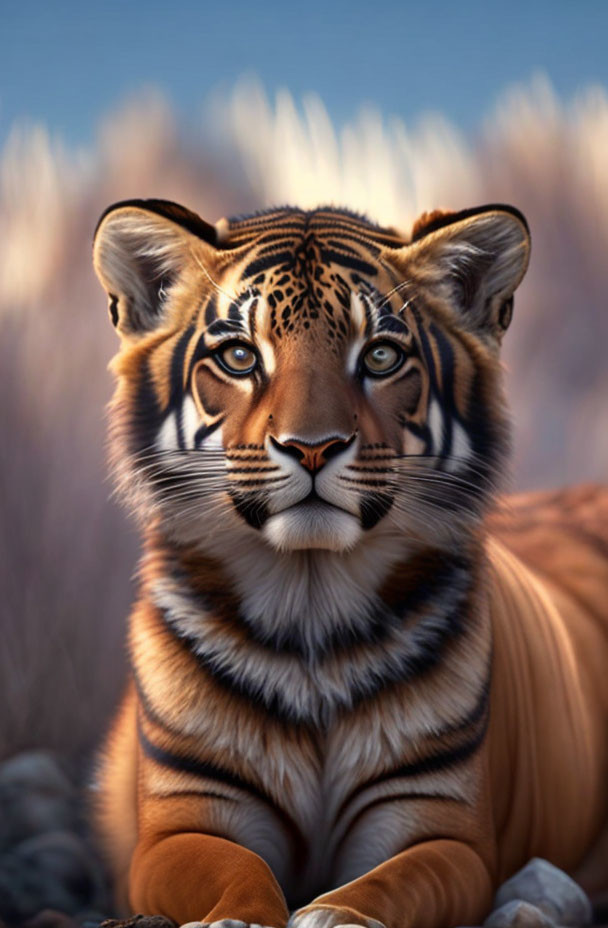 Majestic tiger with vibrant orange fur and black stripes on soft blue and white background