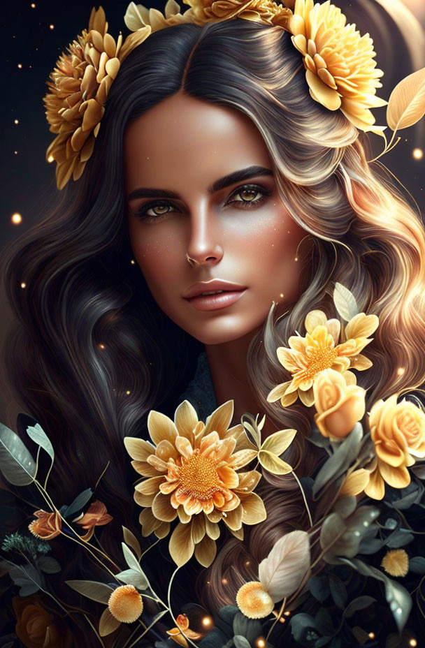 Detailed woman illustration with flowing hair and golden flowers in mystical glow