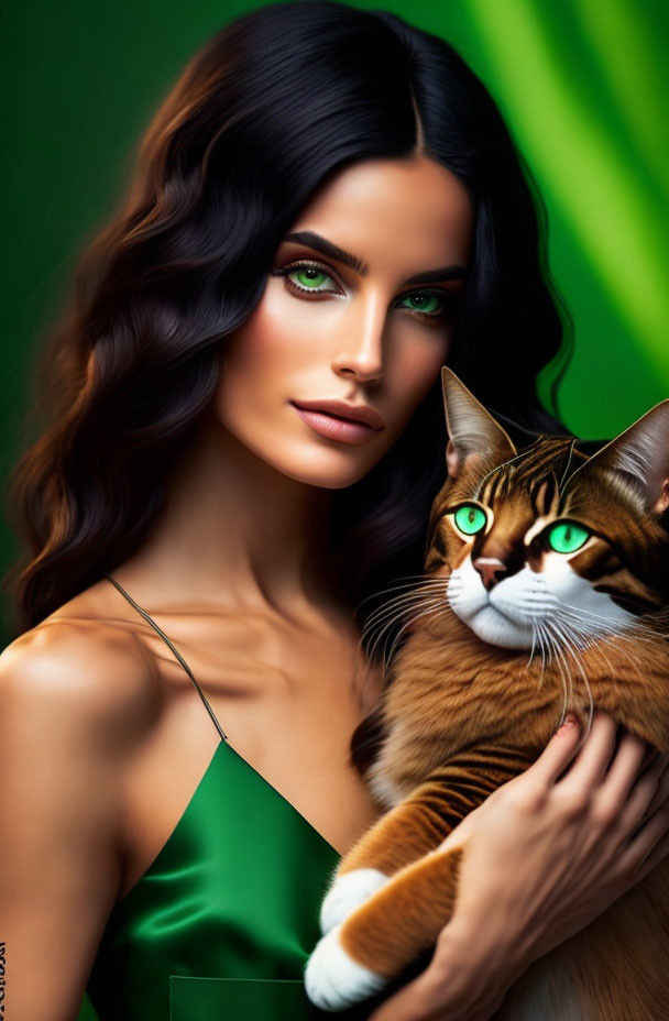 Woman with Striking Green Eyes Holding Cat on Vibrant Green Background