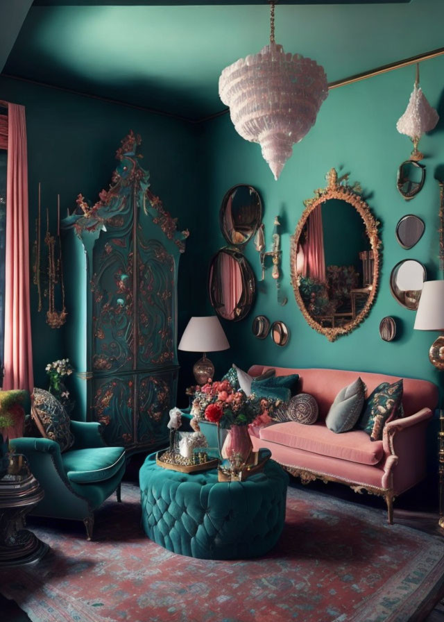 Vintage room with teal walls, pink sofa, mirrors, armchair, cabinet, chandelier, and