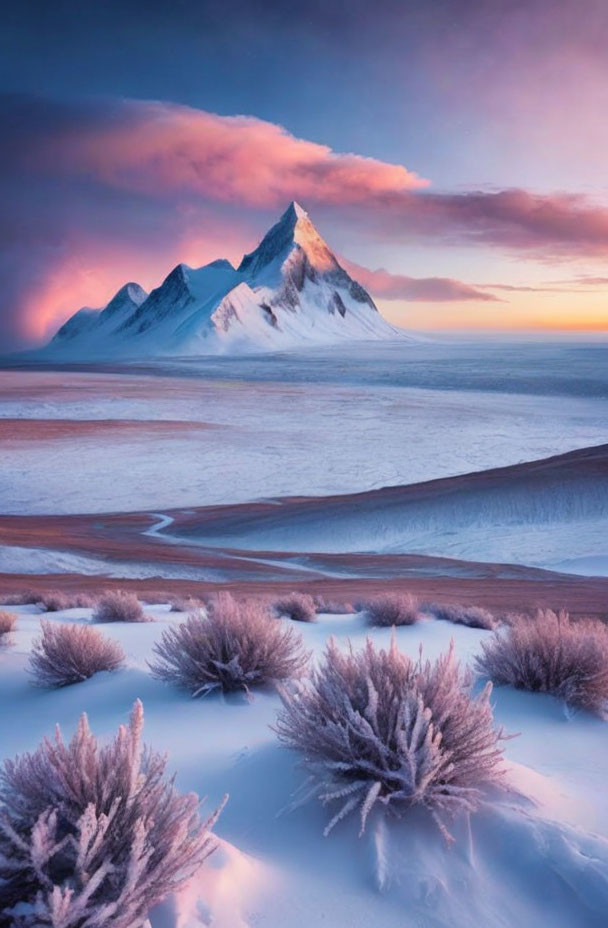 Snowy Mountain Peak in Twilight Winter Landscape